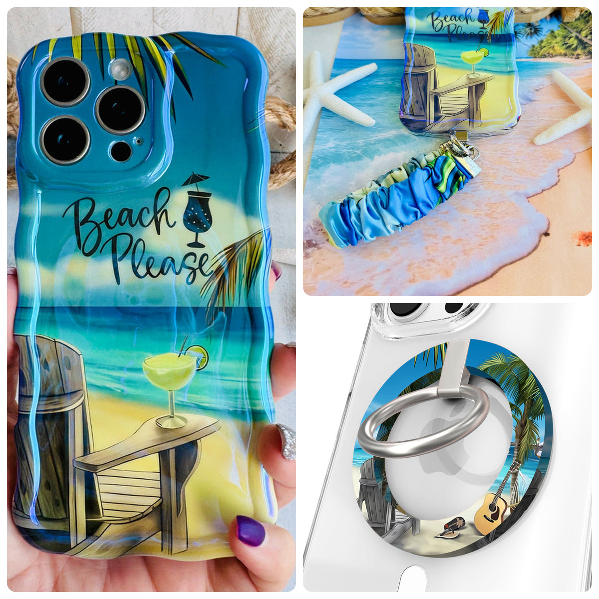 Beach Please iPhone Matching Set - painted shoreline MagSafe case, matching Hold It Fancy grip ring and scrunchie phone wrist strap from Fancy Bands