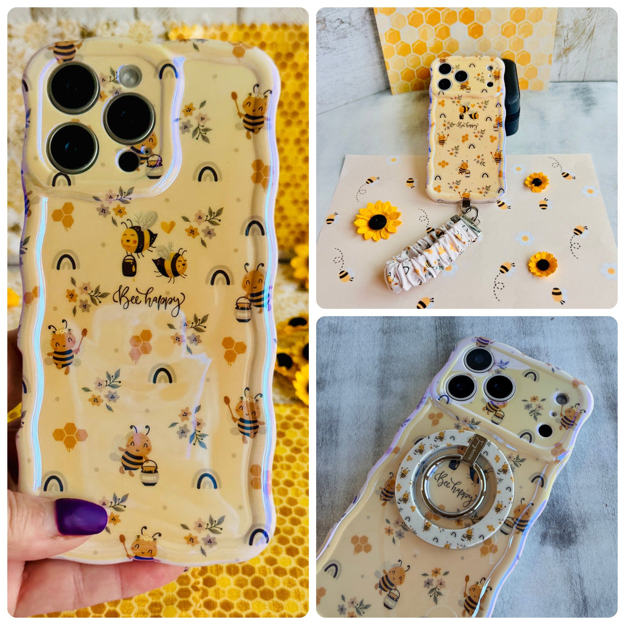 Bee Happy iPhone Matching Set - honeybee and rainbow MagSafe case, matching Hold It Fancy grip ring and scrunchie phone wrist strap from Fancy Bands
