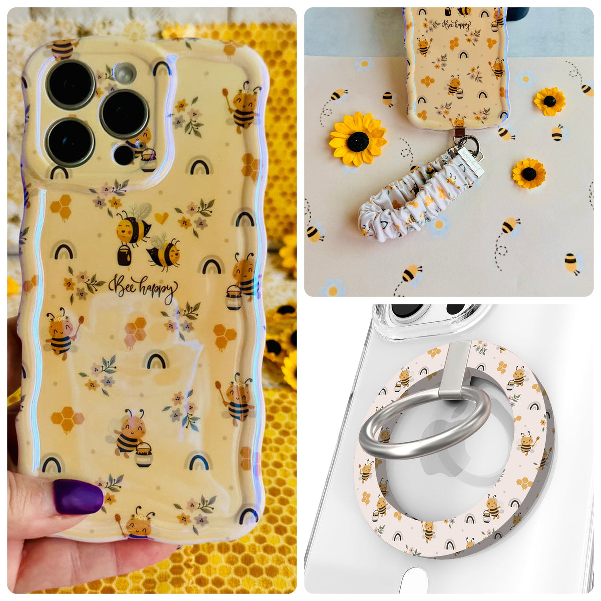 Bee Happy iPhone Matching Set - honeybee and rainbow MagSafe case, matching Hold It Fancy grip ring and scrunchie phone wrist strap from Fancy Bands