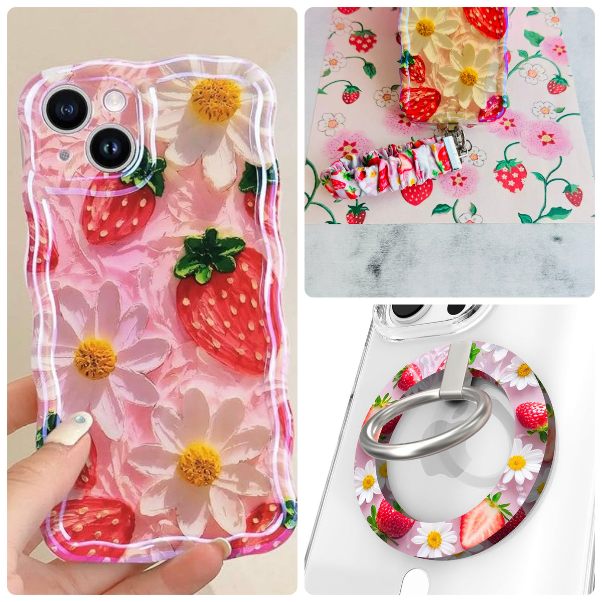 Berry Cute Blooms iPhone Matching Set - strawberry and daisy MagSafe case, matching Hold It Fancy grip ring and scrunchie phone wrist strap from Fancy Bands