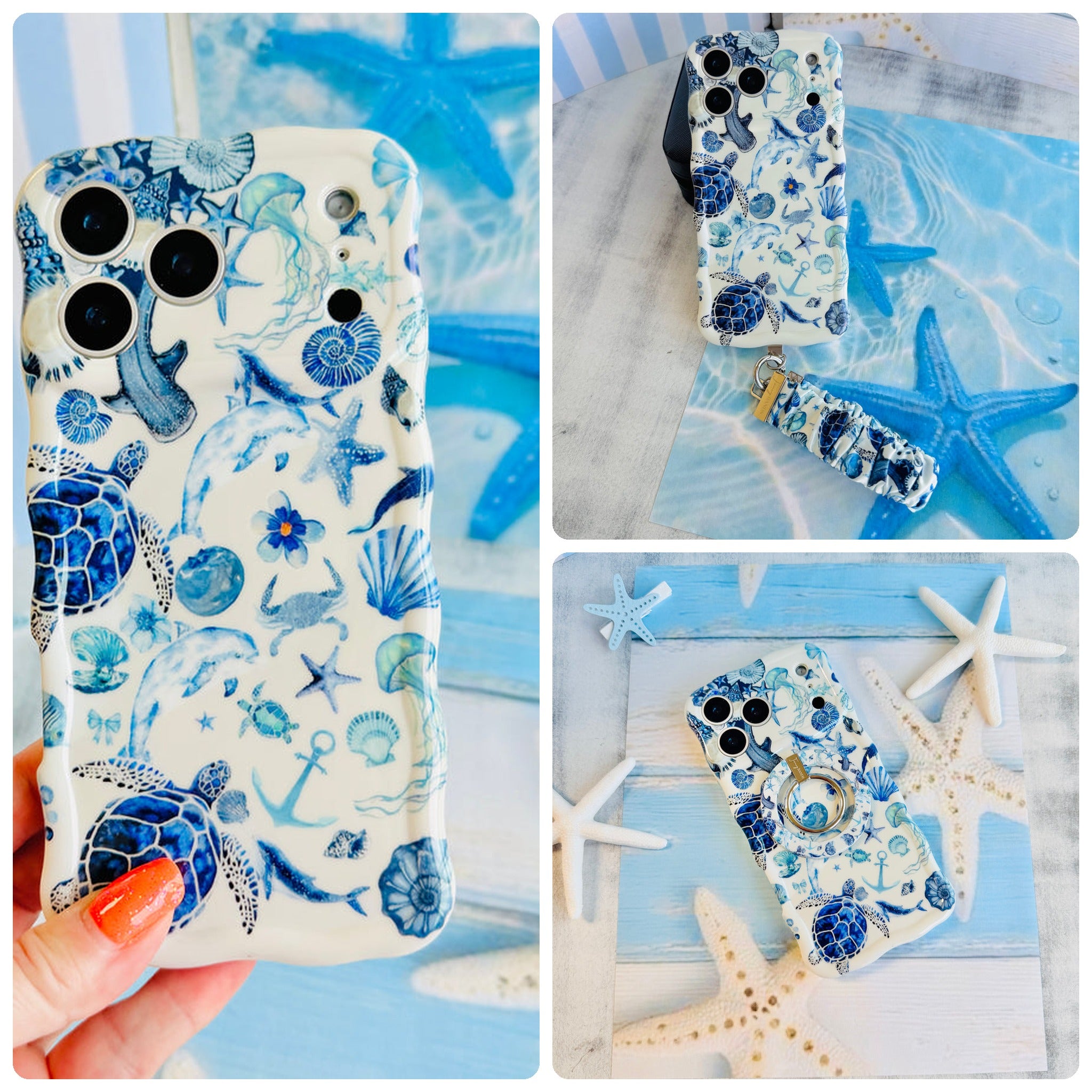 Blue Lagoon iPhone Matching Set - watercolor sea turtle MagSafe case, matching Hold It Fancy grip ring and scrunchie phone wrist strap from Fancy Bands