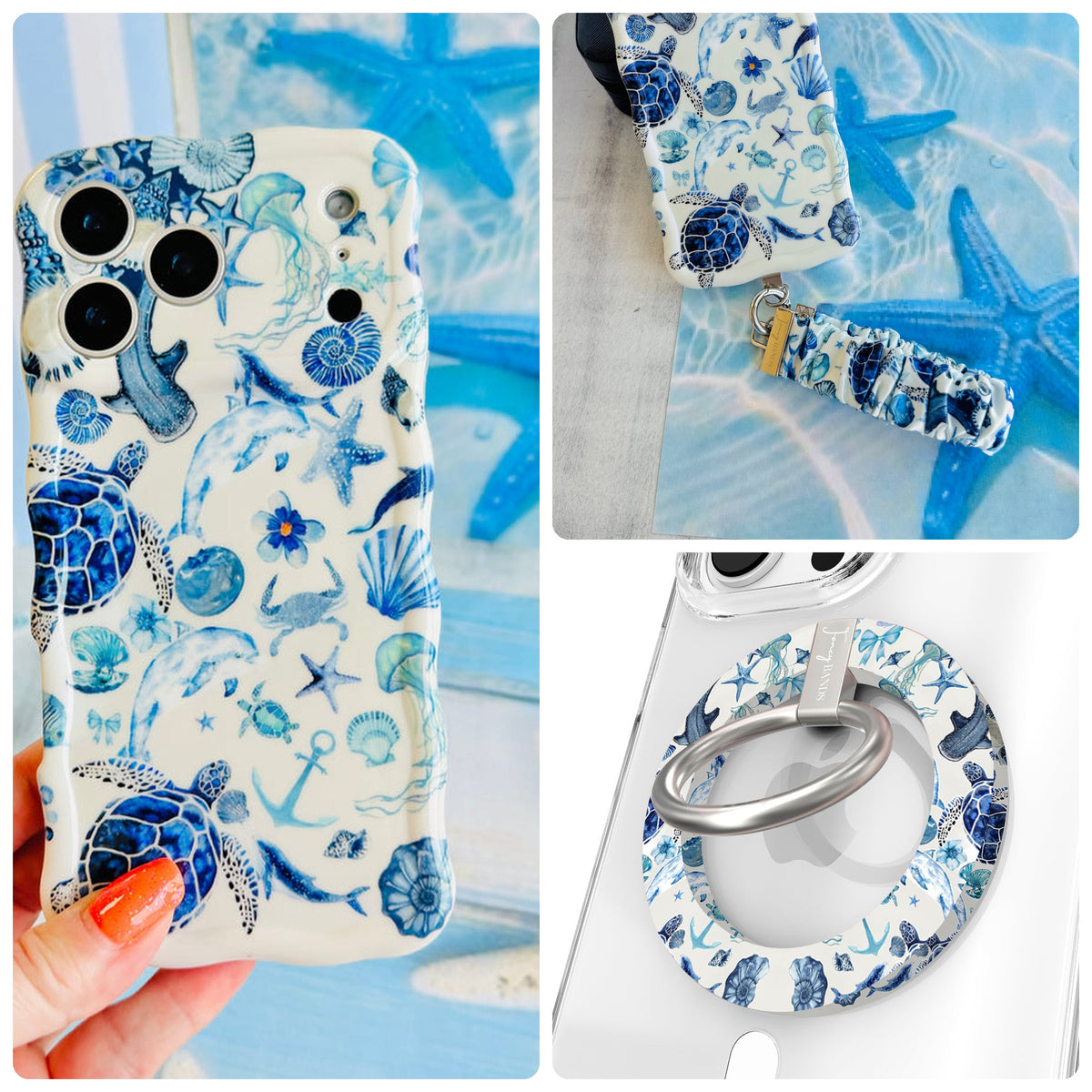 Blue Lagoon iPhone Matching Set - watercolor sea turtle MagSafe case, matching Hold It Fancy grip ring and scrunchie phone wrist strap from Fancy Bands