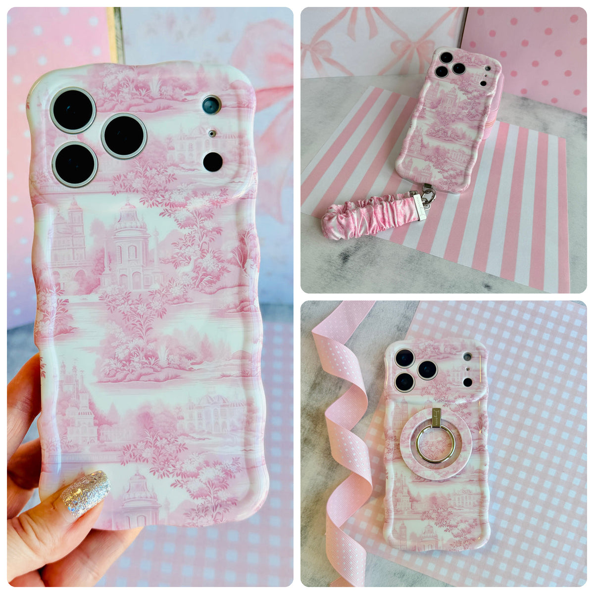 Blush Manor iPhone Matching Set - pink toile MagSafe case, matching Hold It Fancy grip ring and scrunchie phone wrist strap from Fancy Bands