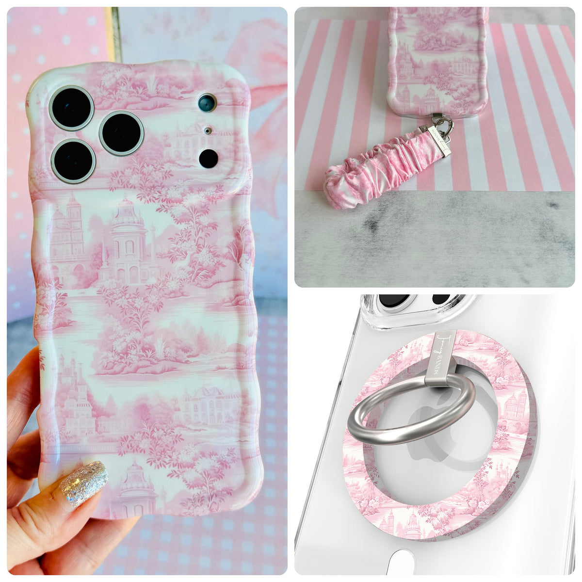 Blush Manor iPhone Matching Set - pink toile MagSafe case, matching Hold It Fancy grip ring and scrunchie phone wrist strap from Fancy Bands