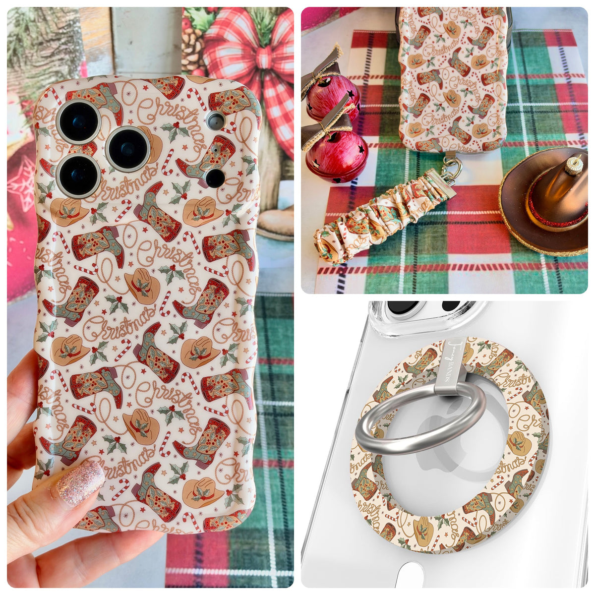 Boot Scootin' Christmas iPhone Matching Set - cream MagSafe case with cowboy boots, hats and lasso Christmas lettering, matching Hold It Fancy grip ring and scrunchie phone wrist strap from Fancy Bands