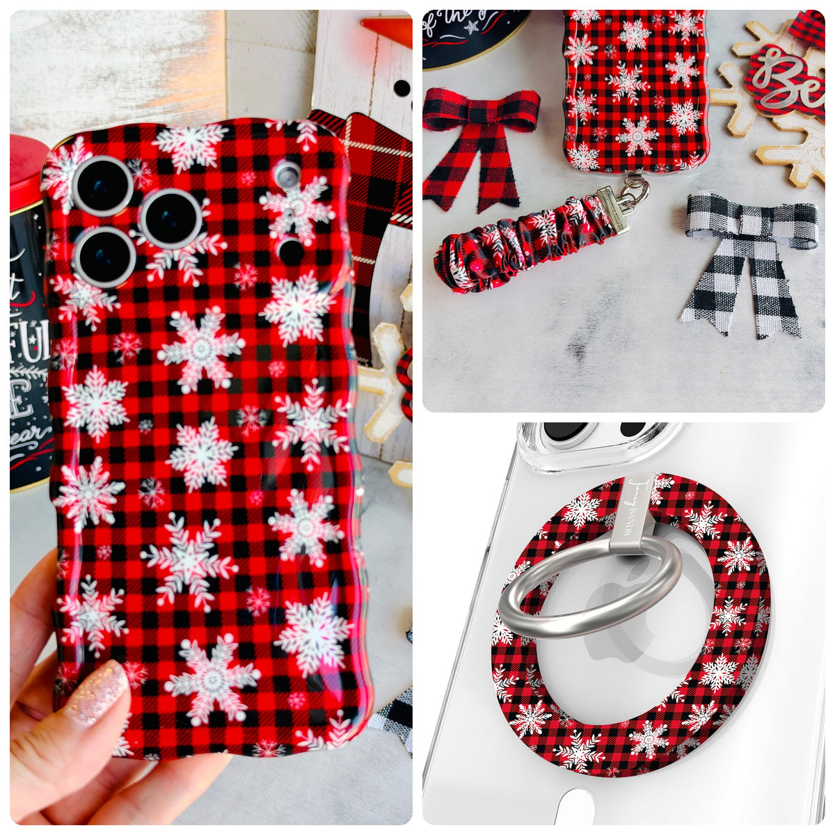 Buffalo Plaid Snowflake iPhone Matching Set - red and black buffalo check MagSafe case with white snowflakes, matching Hold It Fancy grip ring and scrunchie phone wrist strap from Fancy Bands