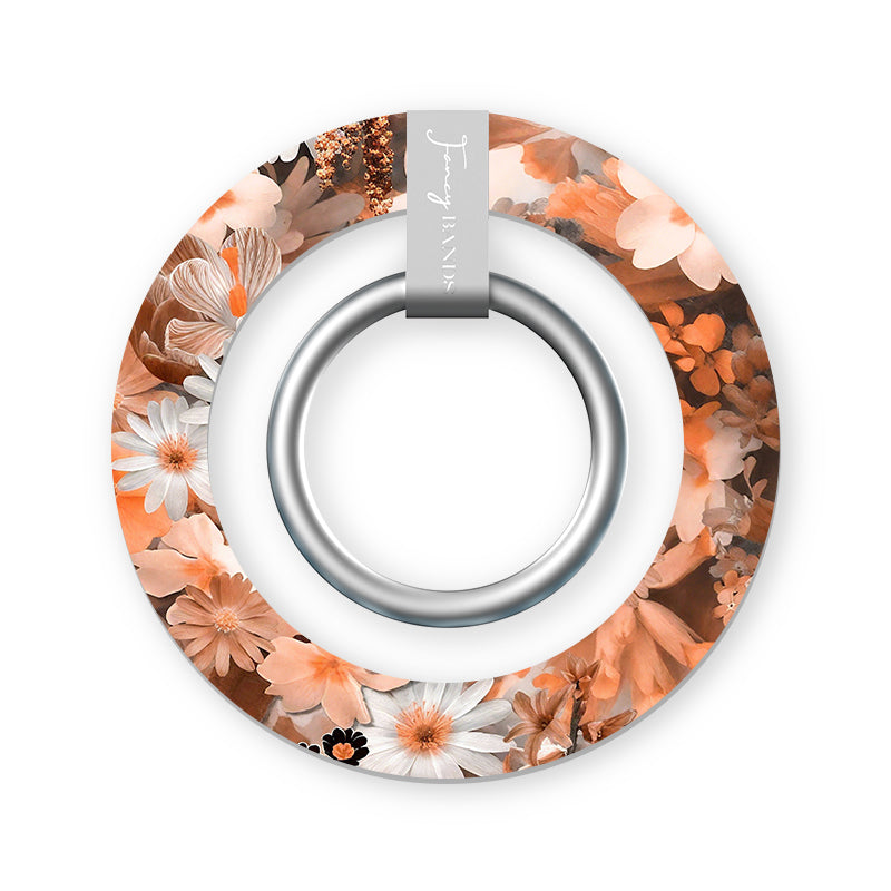 Fall Blooms Hold It Fancy MagSafe grip ring with a warm autumn floral print in orange and cream from Fancy Bands