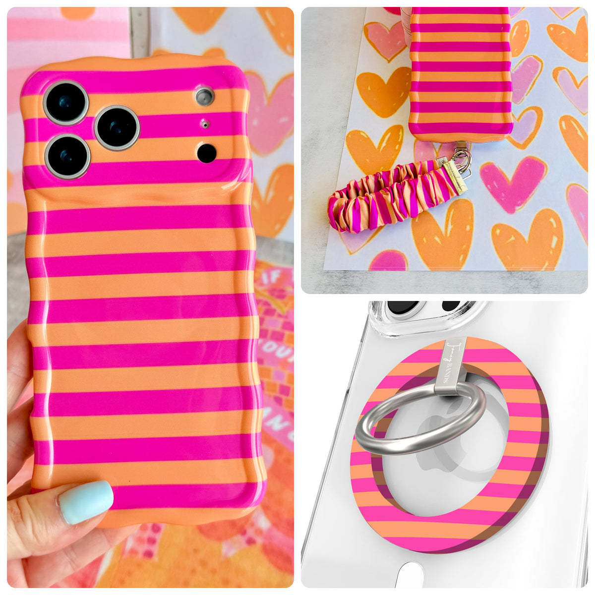 Candy Citrus Stripes iPhone Matching Set - pink and orange striped MagSafe case, matching Hold It Fancy grip ring and scrunchie phone wrist strap from Fancy Bands