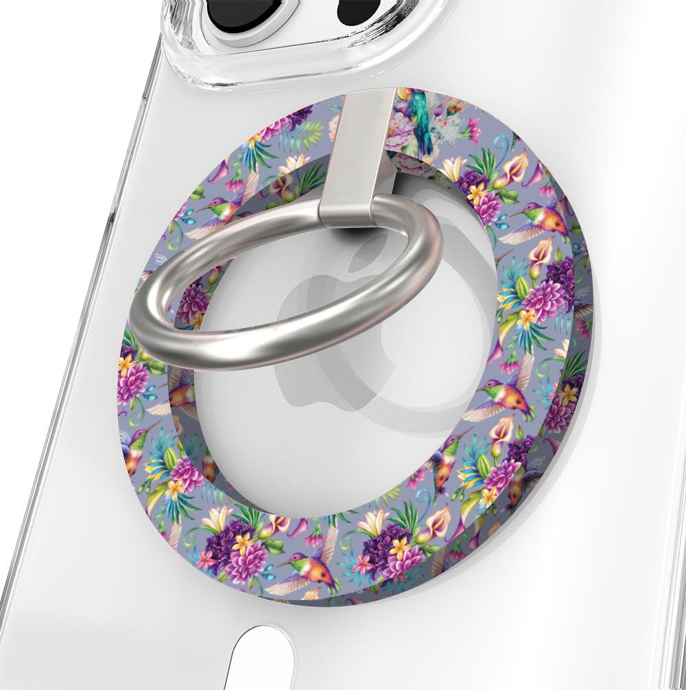 Hummingbird Bliss pattern MagSafe phone grip ring with colorful birds and purple flowers on lavender background compatible with iPhone and Samsung