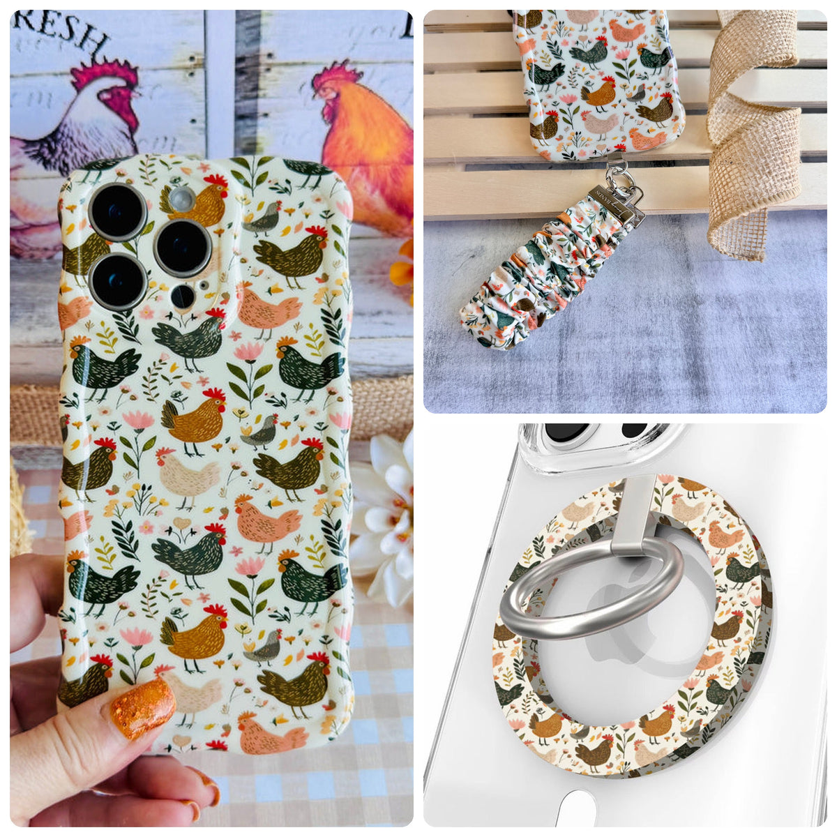 Cluckin' Cute iPhone Matching Set - hen and wildflower MagSafe case, matching Hold It Fancy grip ring and scrunchie phone wrist strap from Fancy Bands