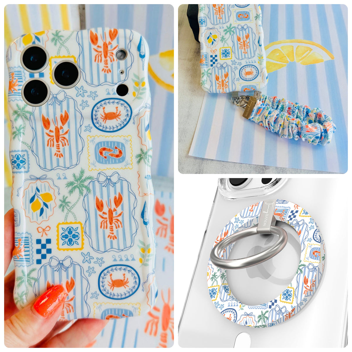 Coastal Catch iPhone Matching Set - lobster and crab MagSafe case, matching Hold It Fancy grip ring and scrunchie phone wrist strap from Fancy Bands