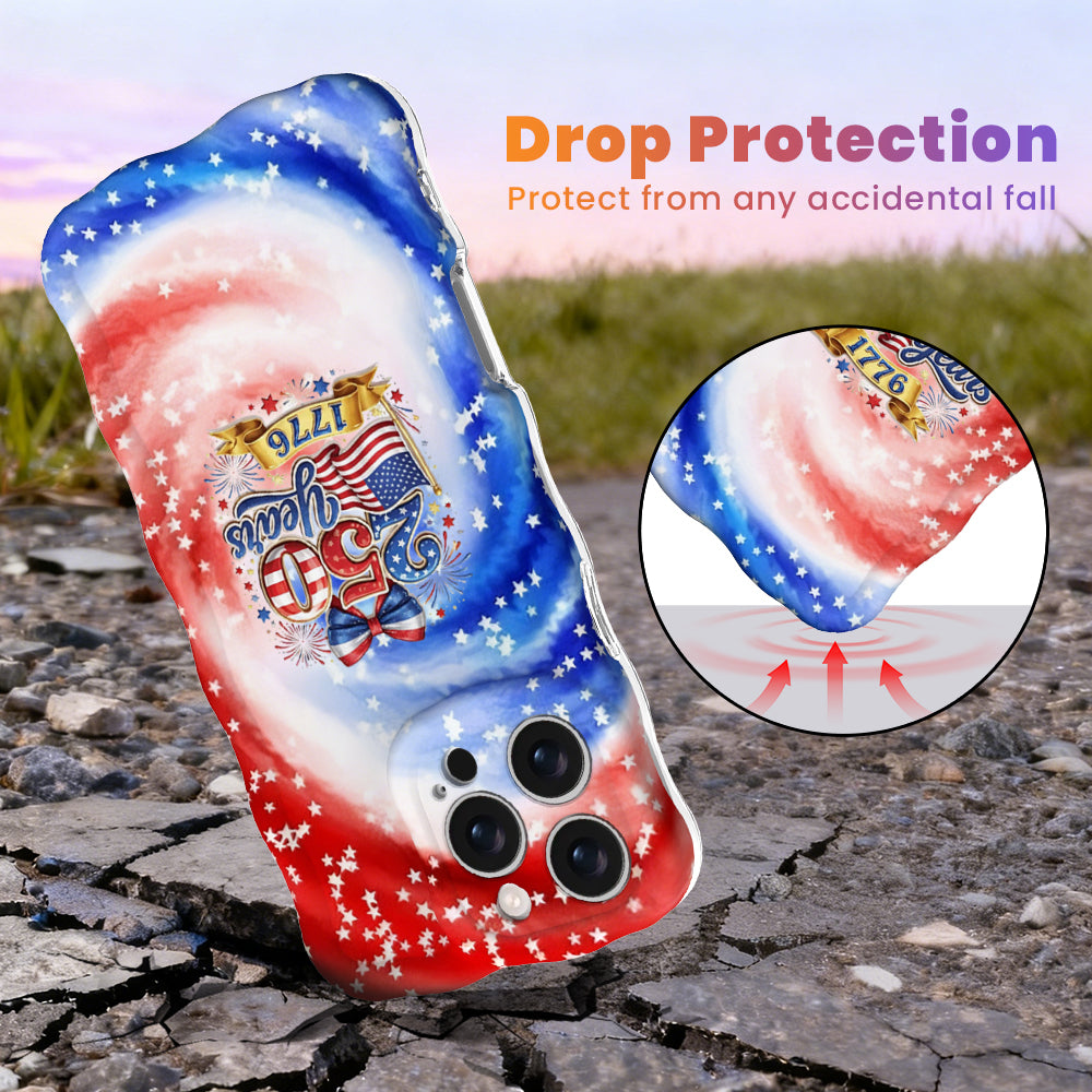 Trendy wavy iPhone case featuring a patriotic red, white, and blue marble swirl pattern covered in white stars with a central 250 Years 1776 flag emblem.