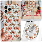 Deck Yourself in Bows & Holly iPhone Matching Set - ivory MagSafe case with striped cranberry ribbon bows, pine and holly, matching Hold It Fancy grip ring and scrunchie phone wrist strap from Fancy Bands