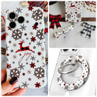 Deer Joy iPhone Matching Set - white MagSafe case with a buffalo-plaid reindeer and leopard snowflakes, matching Hold It Fancy grip ring and scrunchie phone wrist strap from Fancy Bands