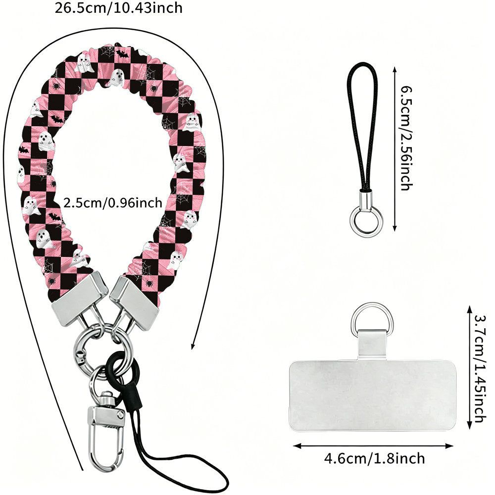 Size diagram for the Hey Boo, Looking Cute Scrunchie Phone Wrist Strap, showing the 26.5 cm loop, 2.5 cm width and 4.6 cm phone attachment tab.