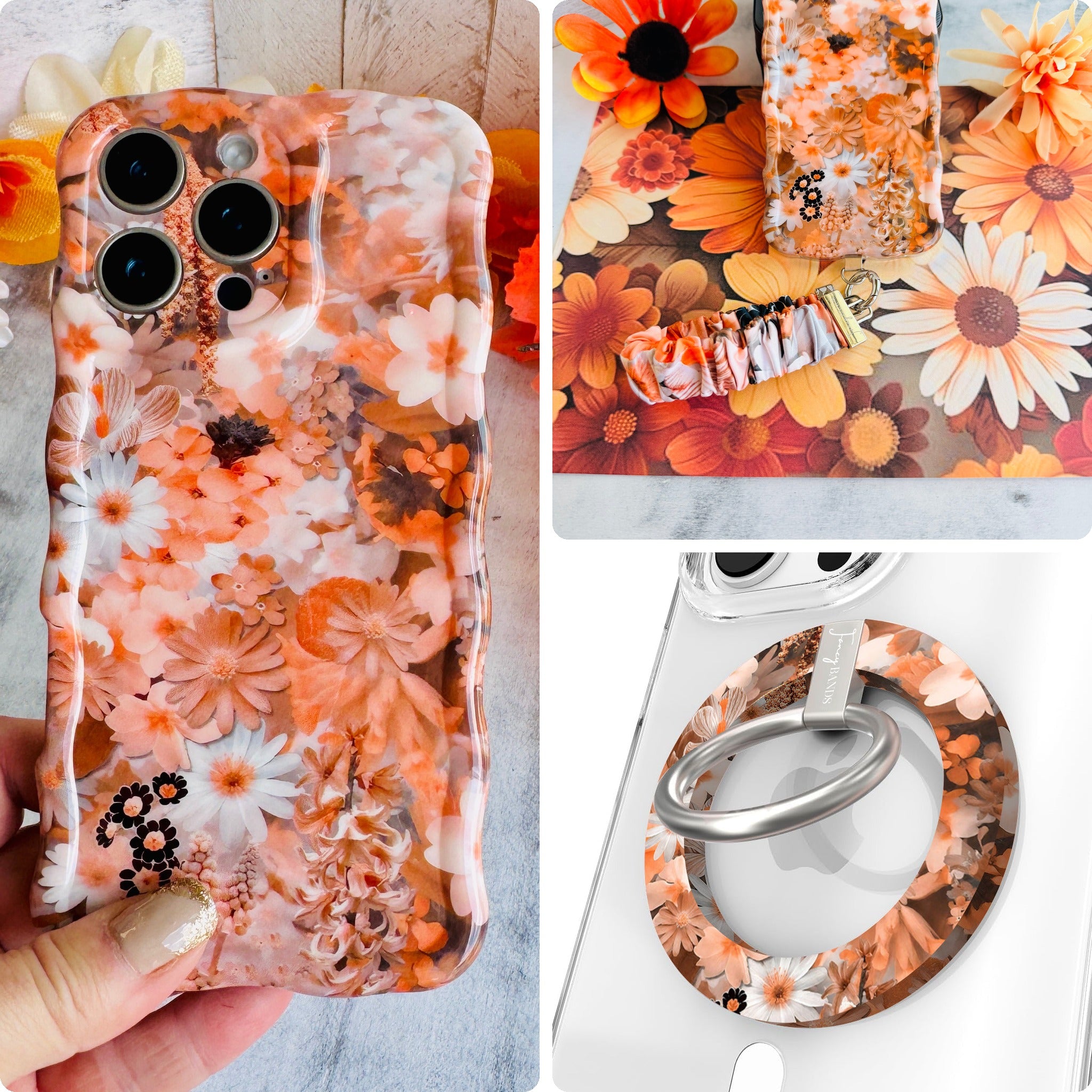 Fall Blooms iPhone Matching Set: hand-held autumn floral MagSafe case in rust and cream, matching scrunchie wrist strap, and MagSafe grip ring