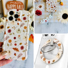 Fall Floral Bliss iPhone Matching Set: hand-held cream watercolor autumn MagSafe case, matching scrunchie wrist strap, and MagSafe grip ring