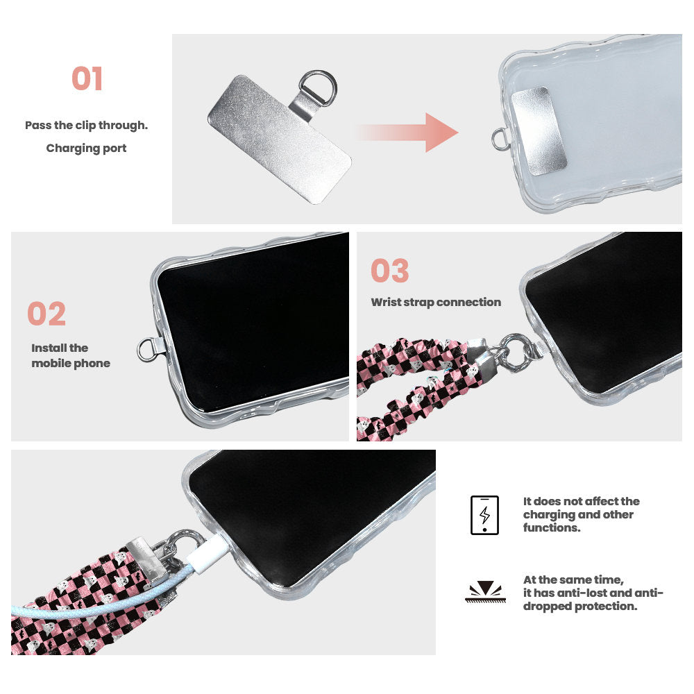 Three-step installation guide for the Scrunchie Phone Wrist Strap: pass the attachment tab through the charging port, install the phone in its case, then clip on the wrist strap. Charging and other functions are unaffected.