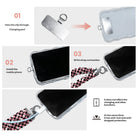 Three-step installation guide for the Scrunchie Phone Wrist Strap: pass the attachment tab through the charging port, install the phone in its case, then clip on the wrist strap. Charging and other functions are unaffected.
