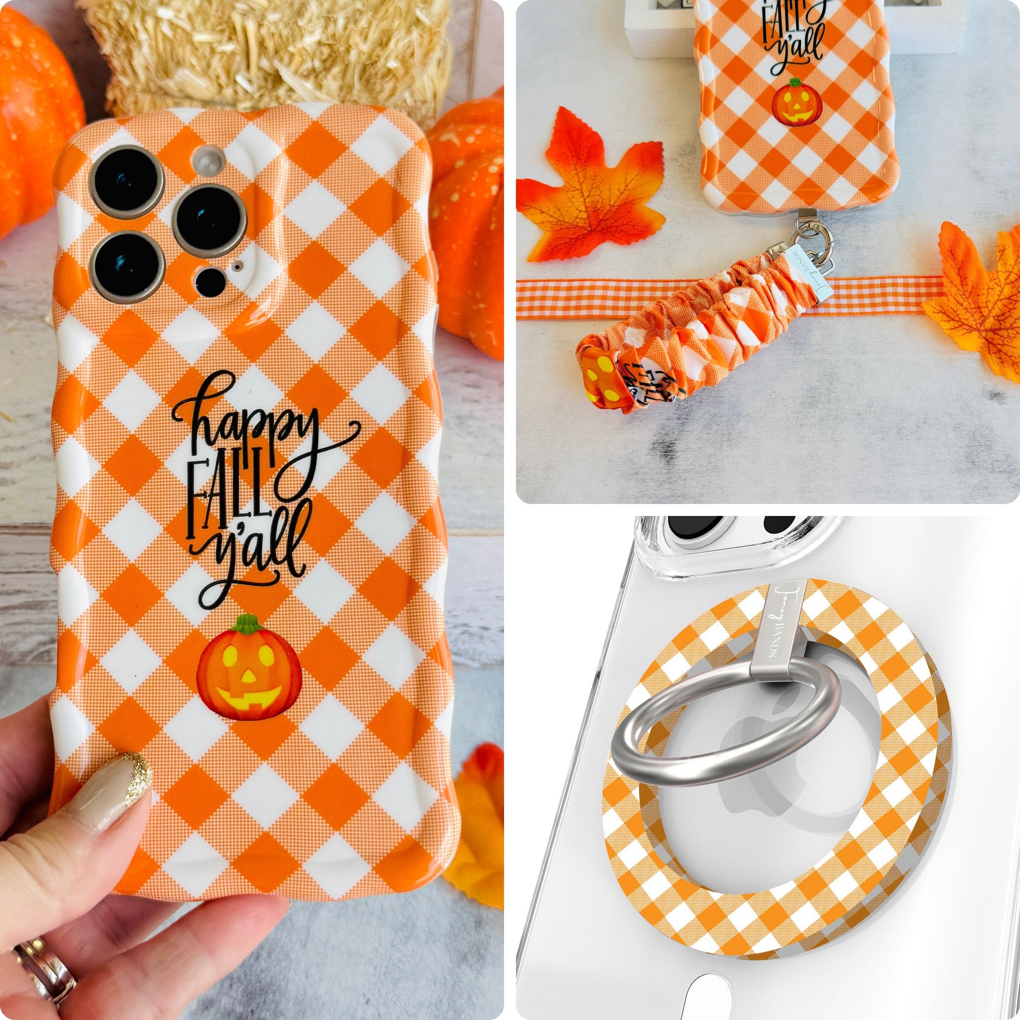 Happy Fall Y'all iPhone Matching Set: hand-held orange gingham MagSafe case with jack-o'-lantern, matching scrunchie wrist strap, and MagSafe grip ring