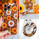 Harvest Sunflowers iPhone Matching Set: hand-held brown sunflower MagSafe case, matching scrunchie wrist strap, and MagSafe grip ring