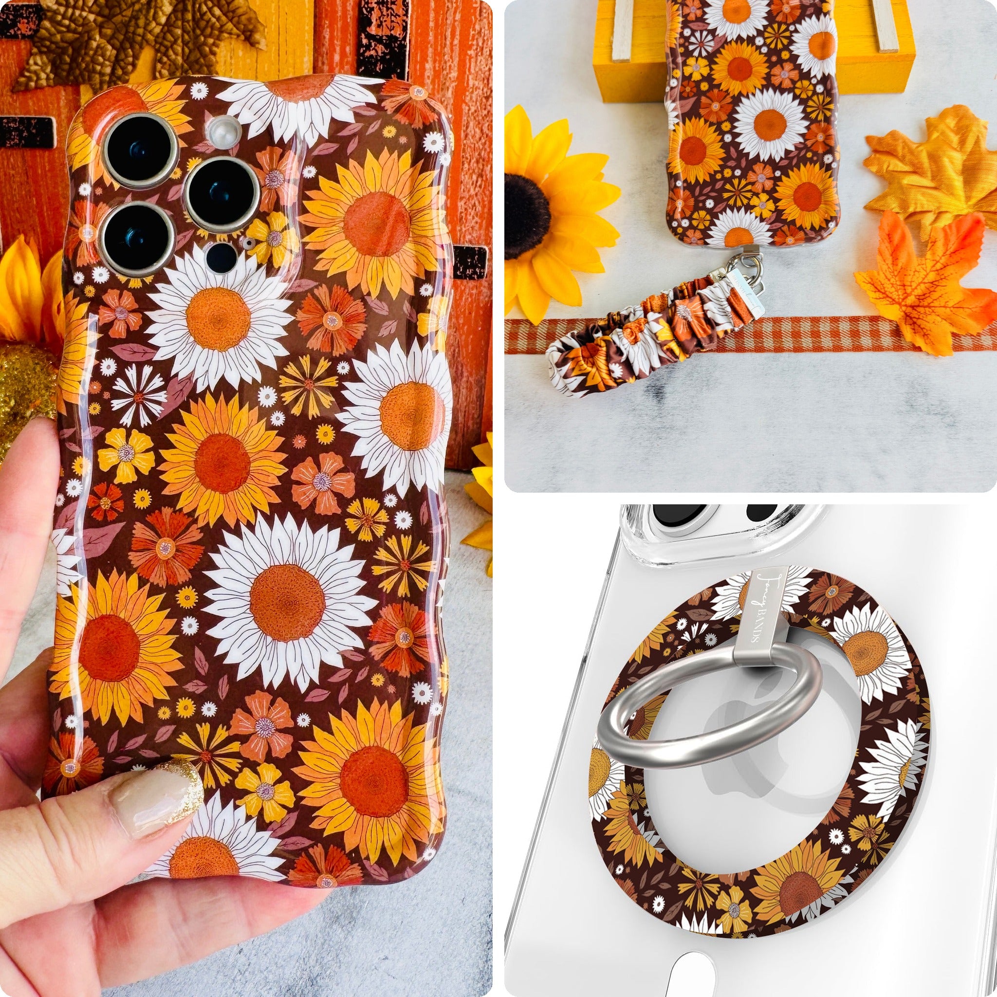 Harvest Sunflowers iPhone Matching Set: hand-held brown sunflower MagSafe case, matching scrunchie wrist strap, and MagSafe grip ring