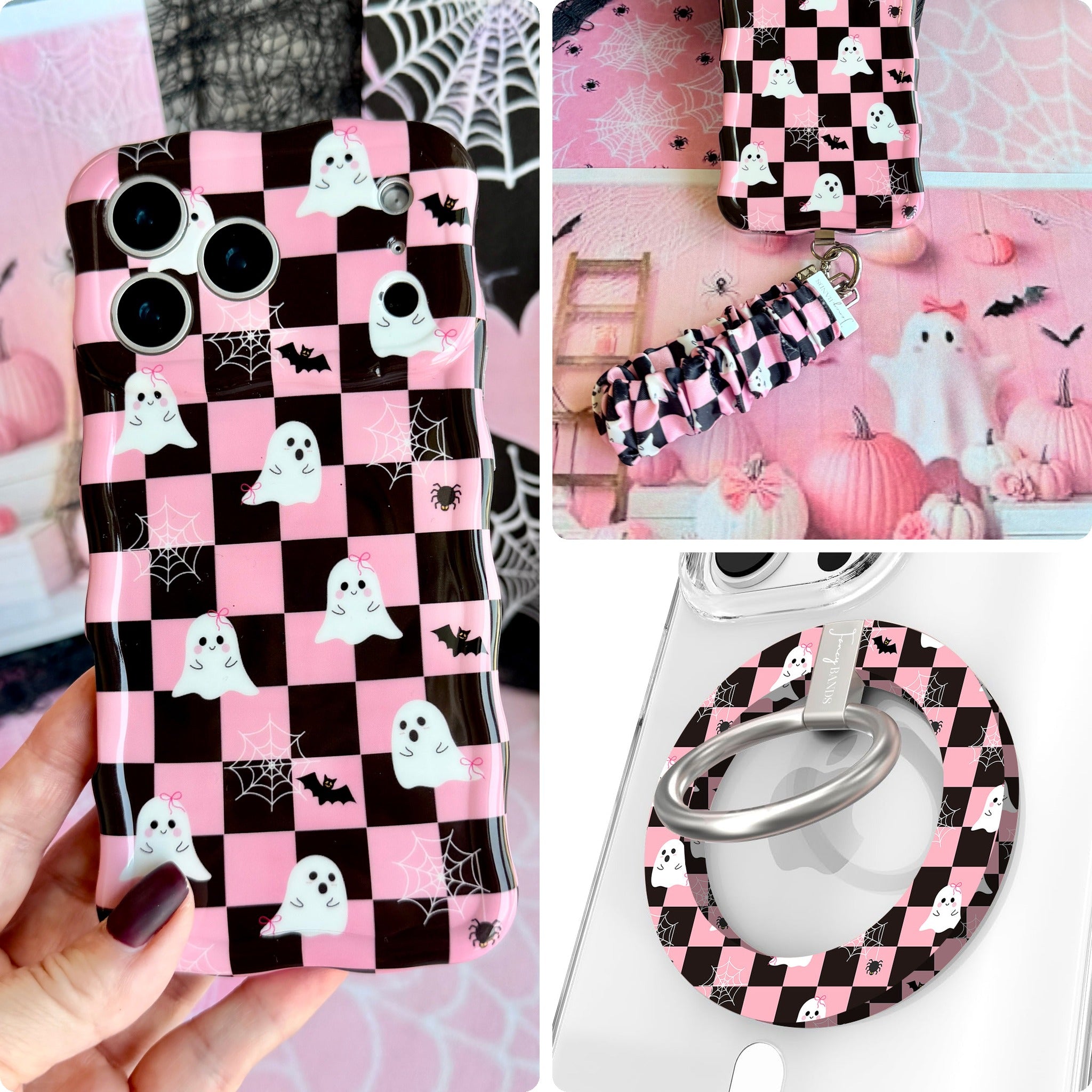 Hey Boo, Looking Cute iPhone Matching Set: hand-held pink and black checkerboard MagSafe case with white ghosts, matching scrunchie wrist strap, and MagSafe grip ring