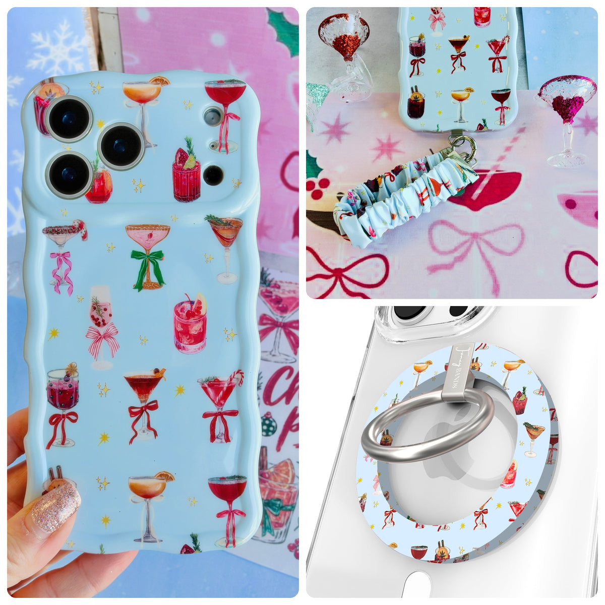 Holiday Spirits, Please? iPhone Matching Set - powder blue MagSafe case with watercolor holiday cocktails and ribbon bows, matching Hold It Fancy grip ring and scrunchie phone wrist strap from Fancy Bands