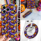 Jack-O-Lantern Jive iPhone Matching Set: hand-held neon purple Halloween MagSafe case with glowing pumpkins and ghosts, matching scrunchie wrist strap, and MagSafe grip ring