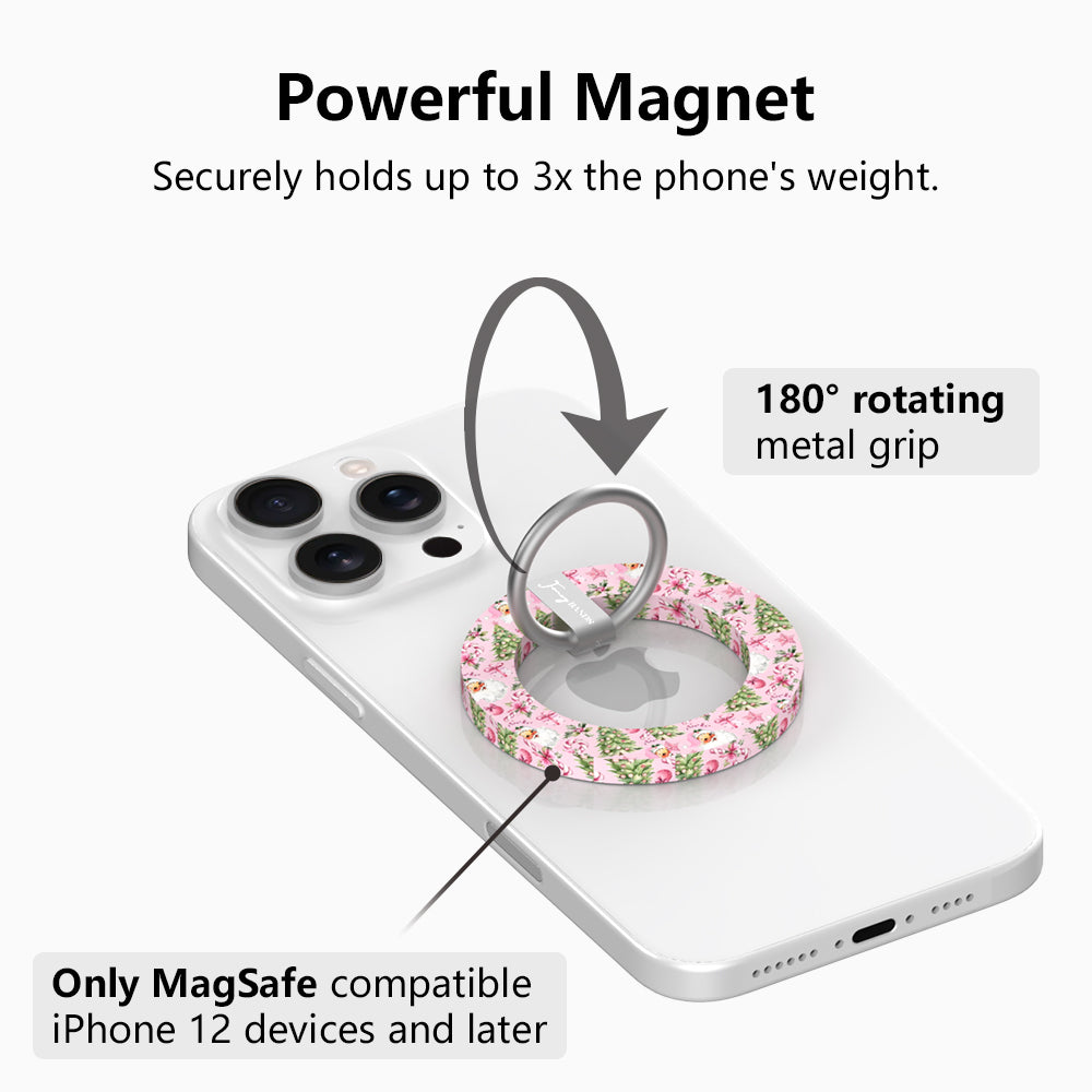 Jolly Pink Santa MagSafe grip ring on a white iPhone: magnet holds up to 3x the phone's weight, 180 degree rotating silver ring, for MagSafe iPhone 12 and later