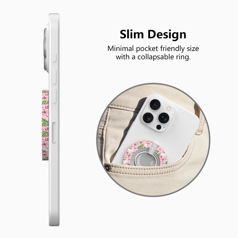 Jolly Pink Santa grip ring slim design: thin side profile on an iPhone, and the phone with the ring folded flat slipping into a jeans pocket