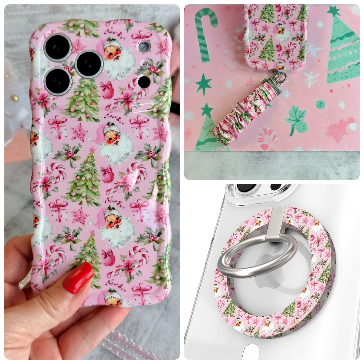 Jolly Pink Santa iPhone Matching Set - blush pink MagSafe case with vintage Santas, trees and bows, matching Hold It Fancy grip ring and scrunchie phone wrist strap from Fancy Bands