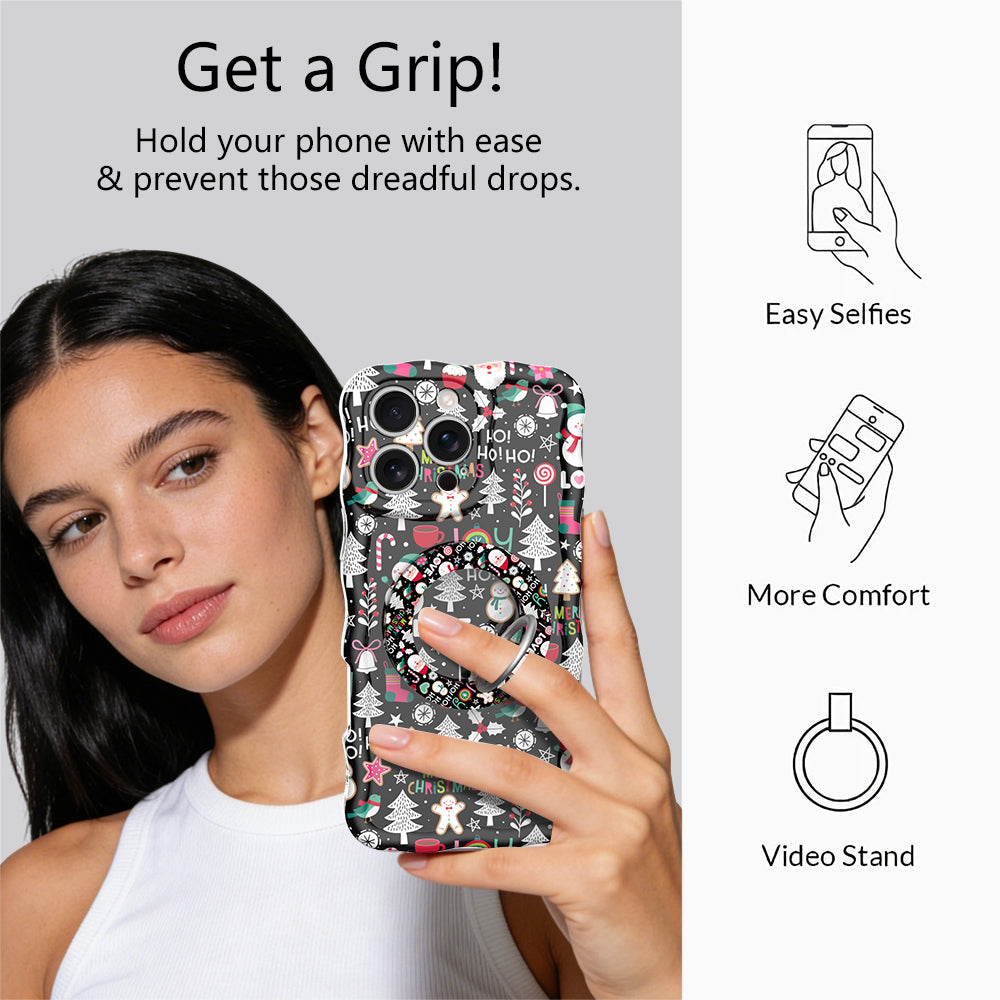 Get a Grip infographic: woman taking a selfie holding the Jolly Wrist-mas case by its matching grip ring, for easy selfies, more comfort and a video stand