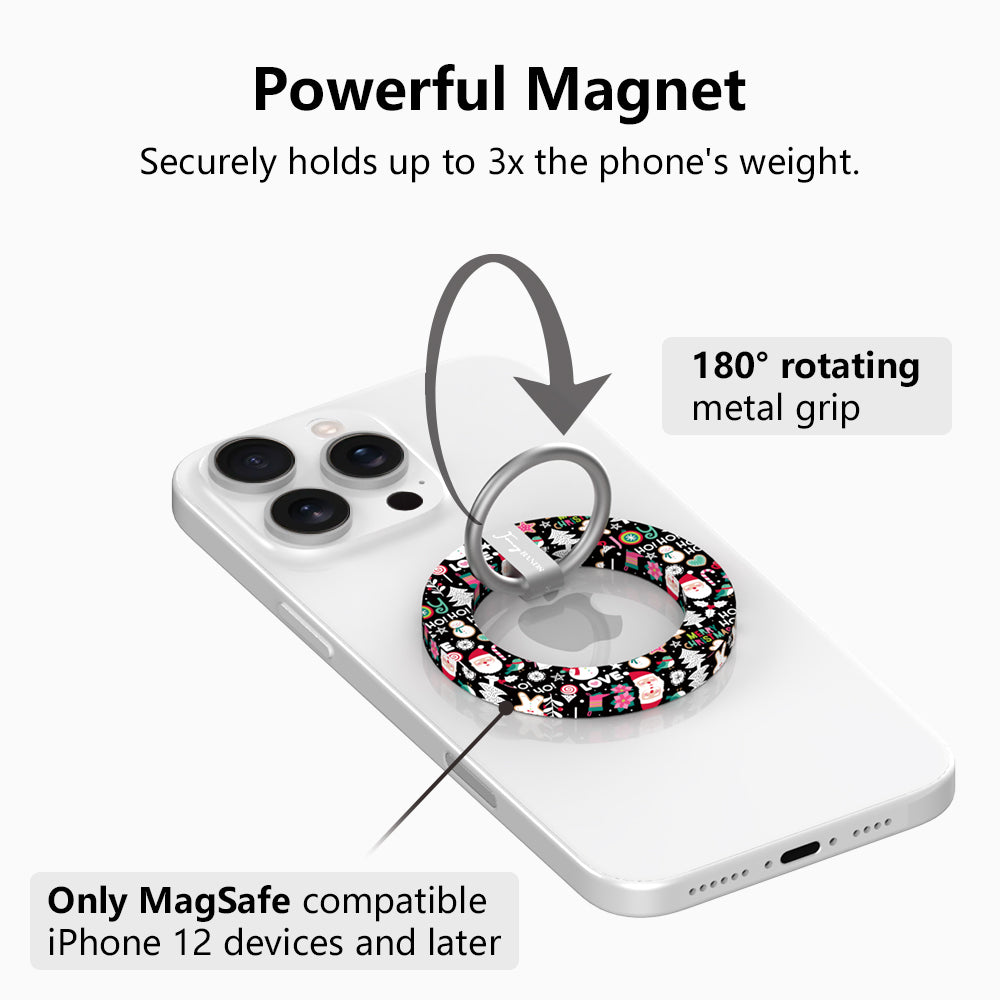 Jolly Wrist-mas MagSafe grip ring on a white iPhone: magnet holds up to 3x the phone's weight, 180 degree rotating silver ring, for MagSafe iPhone 12 and later