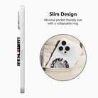 Jolly Wrist-mas grip ring slim design: thin side profile on an iPhone, and the phone with the ring folded flat slipping into a jeans pocket