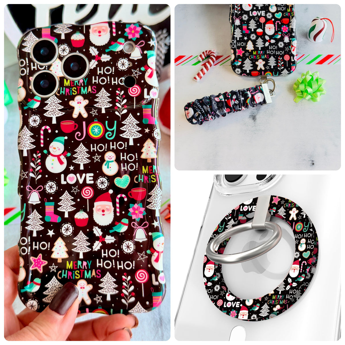 Jolly Wrist-mas iPhone Matching Set - black MagSafe case with Santas, snowmen and HO HO HO lettering, matching Hold It Fancy grip ring and scrunchie phone wrist strap from Fancy Bands