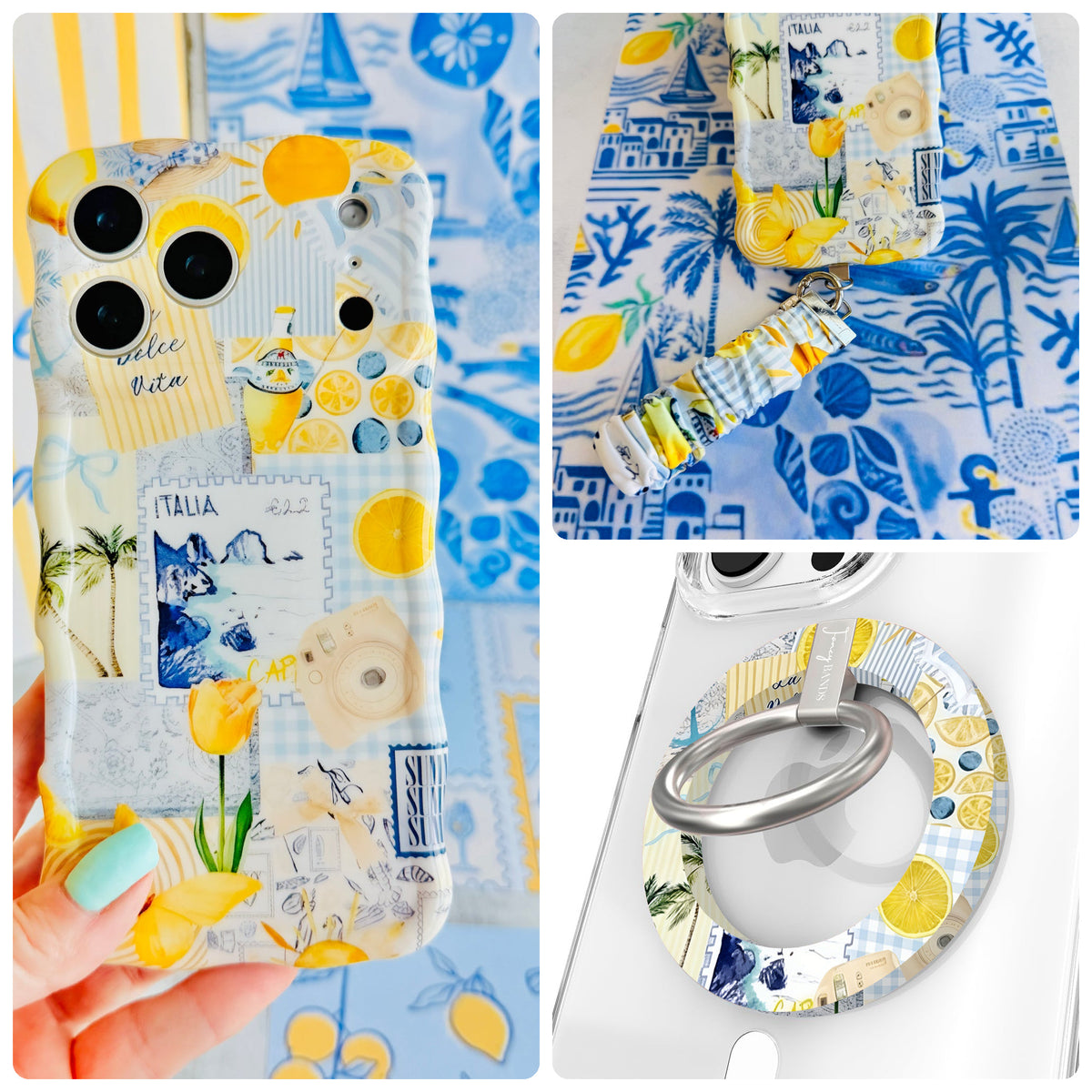 La Dolce Summer iPhone Matching Set - Mediterranean lemon collage MagSafe case, matching Hold It Fancy grip ring and scrunchie phone wrist strap from Fancy Bands