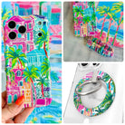 La Palma Villa iPhone Matching Set - tropical resort MagSafe case, matching Hold It Fancy grip ring and scrunchie phone wrist strap from Fancy Bands