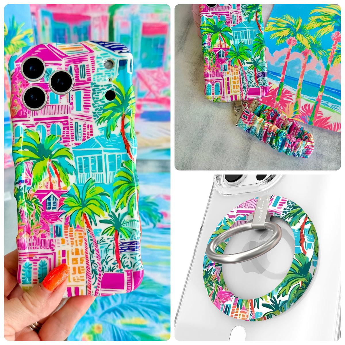 La Palma Villa iPhone Matching Set - tropical resort MagSafe case, matching Hold It Fancy grip ring and scrunchie phone wrist strap from Fancy Bands