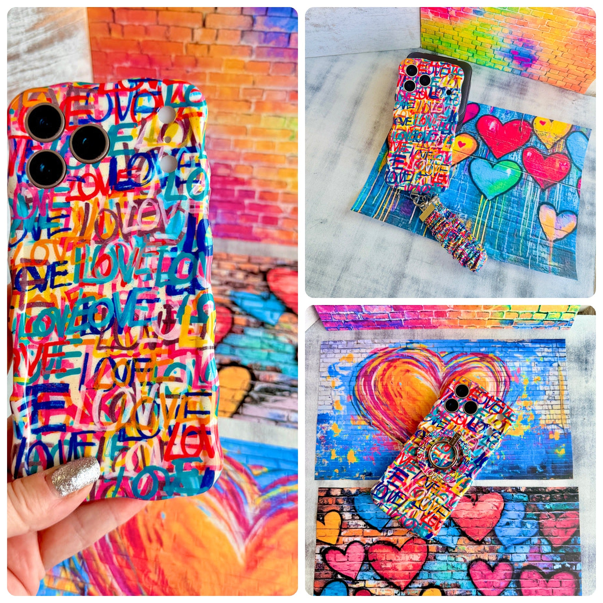 Love Riot iPhone Matching Set - graffiti heart MagSafe case, matching Hold It Fancy grip ring and scrunchie phone wrist strap from Fancy Bands