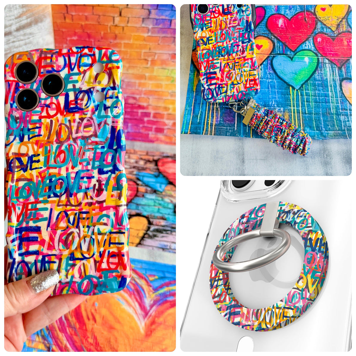 Love Riot iPhone Matching Set - graffiti heart MagSafe case, matching Hold It Fancy grip ring and scrunchie phone wrist strap from Fancy Bands