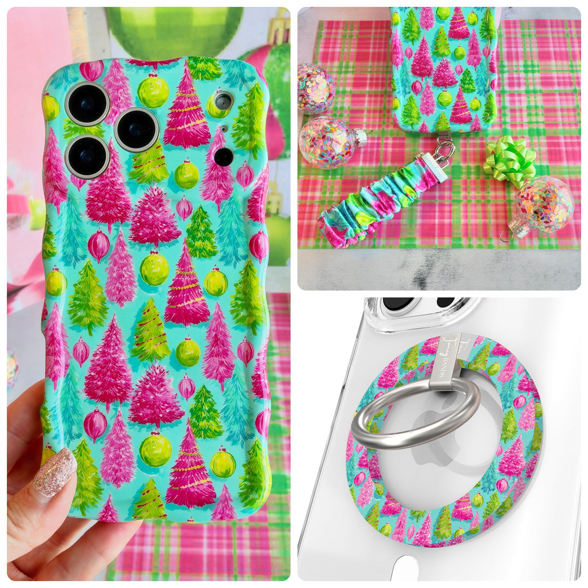 Merry & Bright, Totally! iPhone Matching Set - aqua MagSafe case with hot pink and lime bottle-brush Christmas trees, matching Hold It Fancy grip ring and scrunchie phone wrist strap from Fancy Bands