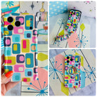 Mod Mood iPhone Matching Set - mid-century geometric MagSafe case, matching Hold It Fancy grip ring and scrunchie phone wrist strap from Fancy Bands