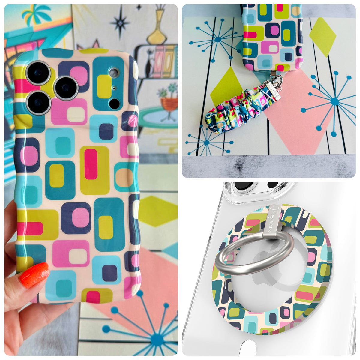 Mod Mood iPhone Matching Set - mid-century geometric MagSafe case, matching Hold It Fancy grip ring and scrunchie phone wrist strap from Fancy Bands
