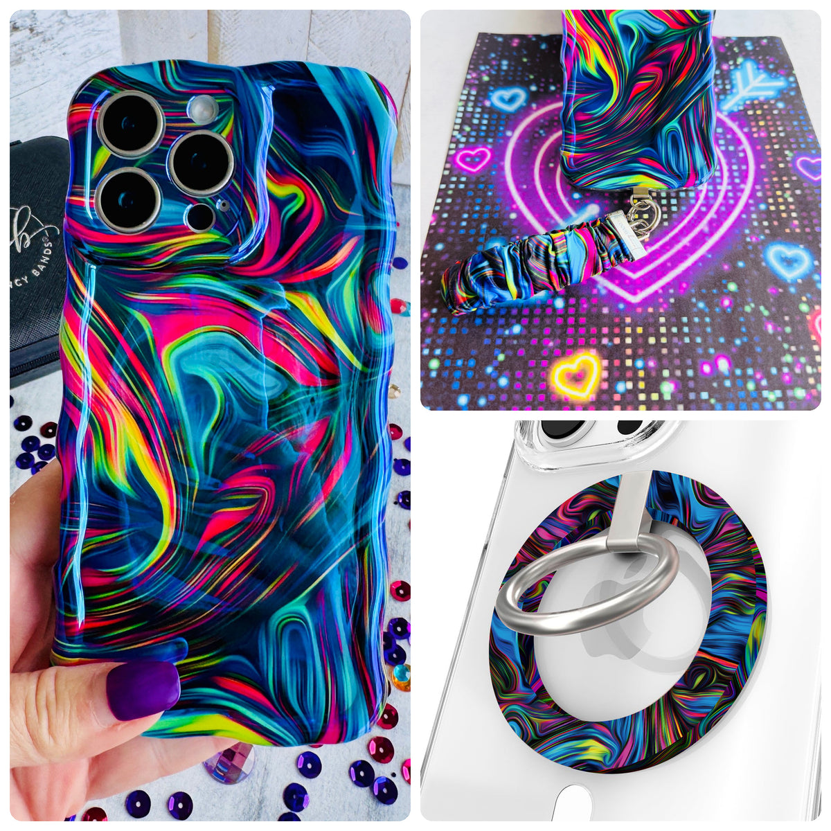 Neon Taffy iPhone Matching Set - swirled neon marble MagSafe case, matching Hold It Fancy grip ring and scrunchie phone wrist strap from Fancy Bands