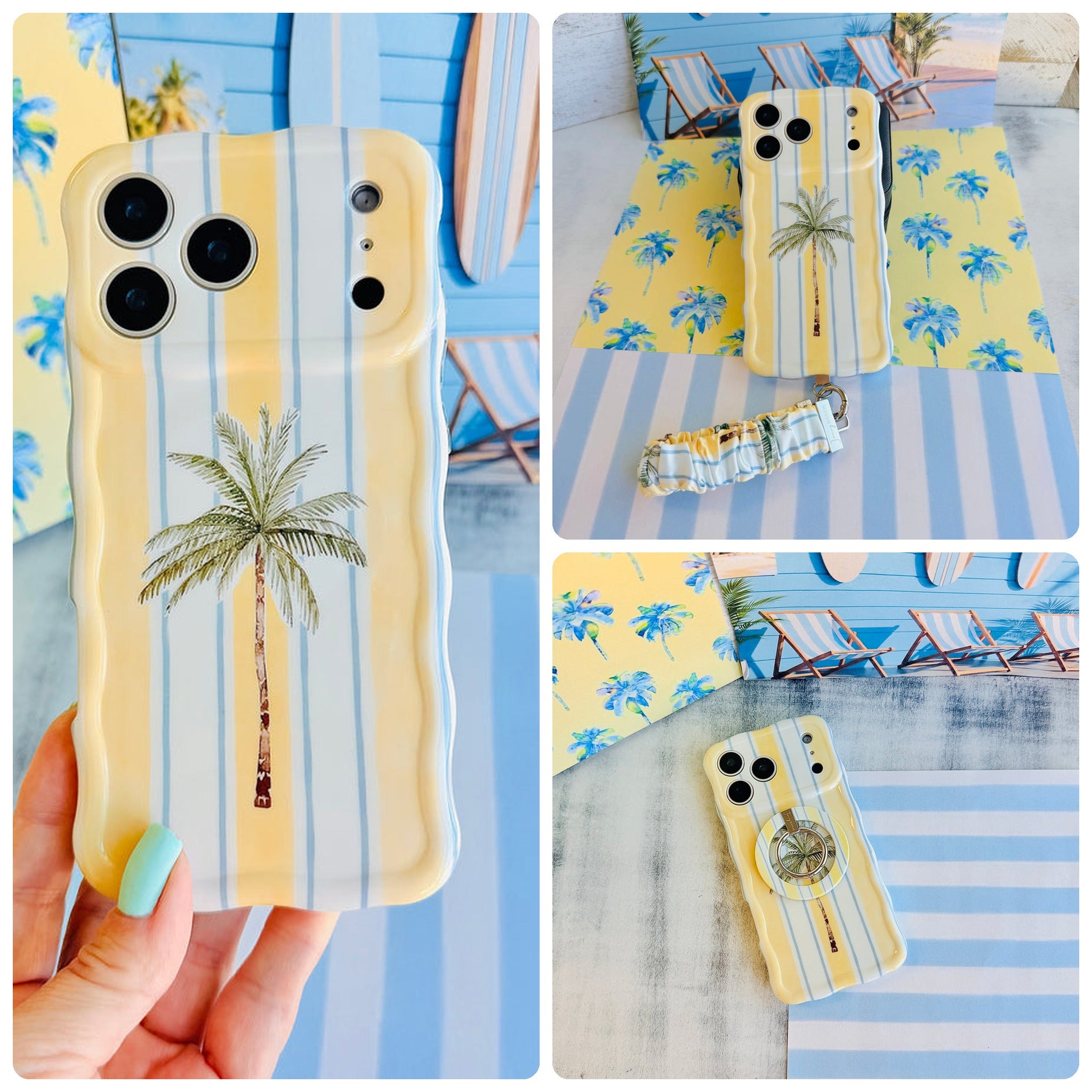 Palm Shore Club iPhone Matching Set - cabana stripe palm MagSafe case, matching Hold It Fancy grip ring and scrunchie phone wrist strap from Fancy Bands