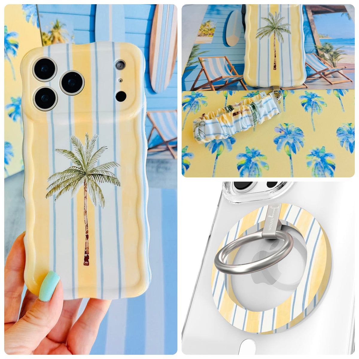 Palm Shore Club iPhone Matching Set - cabana stripe palm MagSafe case, matching Hold It Fancy grip ring and scrunchie phone wrist strap from Fancy Bands
