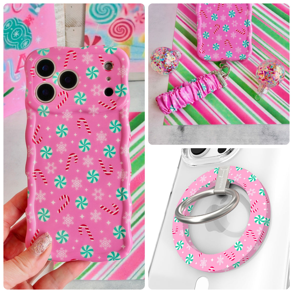 Peppermint Cutie iPhone Matching Set - bubblegum pink MagSafe case with mint peppermints and candy canes, matching Hold It Fancy grip ring and scrunchie phone wrist strap from Fancy Bands
