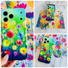 Petal Princess iPhone Matching Set - rainbow wildflower MagSafe case, matching Hold It Fancy grip ring and scrunchie phone wrist strap from Fancy Bands
