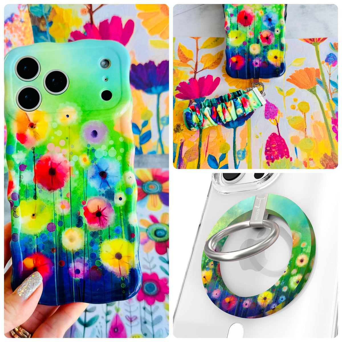 Petal Princess iPhone Matching Set - rainbow wildflower MagSafe case, matching Hold It Fancy grip ring and scrunchie phone wrist strap from Fancy Bands